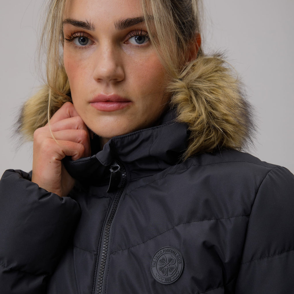Celtic Crest Women's Long Padded Black Jacket
